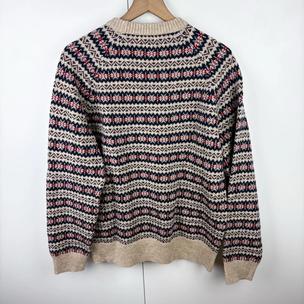 J. Crew 100% Lambswool Wool Fair Isle Crew Neck Sweater Tan Navy Red Mens Large